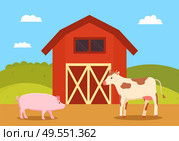 Farming building used for animals vector, cow and pig on pasture by homestead, rural area countryside of farm, nature with greenery and clear sky. Farm with Animals, Cow and Pig Cattle by Homestead. Стоковая иллюстрация, агентство Ingram Publishing / Фотобанк Лори
