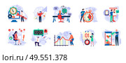 Time management vector, people with clock and timers, man in hurry, sand glass and running clock, schedule. Person fail to do tasks flat style isolated. People unable to organize their tasks. Deadline and Time Management, People in Hurry Set. Стоковая иллюстрация, агентство Ingram Publishing / Фотобанк Лори