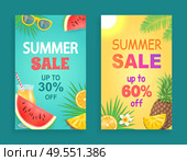 Summer sale offers posters set vector. Proposals and clearance, pineapple fruit slice and alcoholic cocktail with watermelon. Palm tree leaves foliage. Summer Sale Offers Posters Set Vector Illustration. Стоковая иллюстрация, агентство Ingram Publishing / Фотобанк Лори