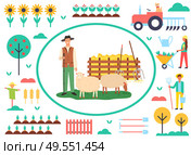 Agriculture and husbandry vector, person with sheep caring for animals on farm, scarecrow and plantation of sunflowers in bloom, tractor and farmers. Farming Man with Sheep, Agriculture and Animal. Стоковая иллюстрация, агентство Ingram Publishing / Фотобанк Лори