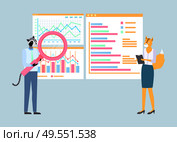 Fox and raccoon hipster animals vector, business analysis and presentation of information in visual representation, magnifying glass zoom in paws. Hipster Animals at Work, Fox and Raccoon Infochart. Стоковая иллюстрация, агентство Ingram Publishing / Фотобанк Лори