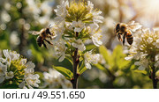 A bee collecting nectar on a blooming apple tree in close-up. Macro photography. Natural food. The disappearance of bees. Стоковое AI-изображение, AI-художник Photojuli / Фотобанк Лори