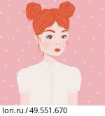 Portrait of a girl with red hair and double buns, in white blouse, on pink background with white stars, flat vector illustration. Стоковая иллюстрация, агентство Ingram Publishing / Фотобанк Лори