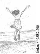 A drawing of a girl caught midair while jumping with joy. Стоковое AI-изображение, AI-художник Данила Большаков / Фотобанк Лори