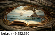 An open book rests on top of a jumble of branches, creating a contrast between nature and literature. Стоковое AI-изображение, AI-художник Данила Большаков / Фотобанк Лори