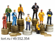 Miniature figures of workers and businessmen on coins reflect the ironic situation: someone is at the top of finance, and someone is barely hanging on - a visual allegory of economic pyramids. Banner. Стоковое AI-изображение, AI-художник Евгений Демидюк / Фотобанк Лори