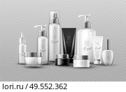 Cosmetic bottle mock up set isolated packages on gray background. Real transparency effect. Vector illustration EPS10. Cosmetic bottle mock up set isolated packages on gray background. Real transparency effect. Vector illustration. Стоковая иллюстрация, агентство Ingram Publishing / Фотобанк Лори