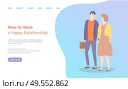Male and female in love, lady in dress, people in casual cloth walking and flirting. Man and woman holding hands vector couple. Website or webpage template, landing page flat style. Male and Female in Love, People in Casual Cloth. Стоковая иллюстрация, агентство Ingram Publishing / Фотобанк Лори