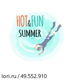 Hot and fun summer, diver in flippers and mask diving into deep sea waters, isolated logo. Vector man in protective swimsuit spend free time at summer. Hot and Fun Summer, Diver in Flippers and Mask Diving. Стоковая иллюстрация, агентство Ingram Publishing / Фотобанк Лори
