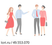 Two couples, men in shirts and trousers and women in red gowns, bag in hands. Married office workers, business people in strict cloth isolated vector. Two Couples, Men in Shirts and Trousers and Women. Стоковая иллюстрация, агентство Ingram Publishing / Фотобанк Лори