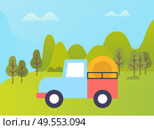 Green field vector, truck transporting grain to destination, hay bales in machine. Greenery of forest and meadows, industrial agriculture, farming. Grain Truck Loaded with Agricultural Production. Стоковая иллюстрация, агентство Ingram Publishing / Фотобанк Лори