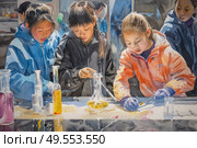 A painting depicting a group of children engaged in various scientific experiments and observations in a laboratory setting. Стоковое AI-изображение, AI-художник Данила Большаков / Фотобанк Лори
