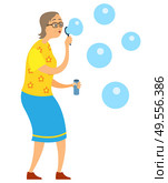 Elderly old woman blowing soap bubbles, portrait and full length view of pensioner female wearing skirt and t-shirt making bubble-blower, funny vector. Grandmother Making Bubble-Blowers, Blowing Vector. Стоковая иллюстрация, агентство Ingram Publishing / Фотобанк Лори