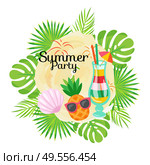 Summer party vector, summertime vacation, pineapple wearing sunglasses on face. Cocktail poured in glass decorated with umbrella, exotic foliage. Summer Party Cocktail, Pineapple and Seashell. Стоковая иллюстрация, агентство Ingram Publishing / Фотобанк Лори