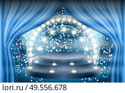 Colorful illuminated podium for awards and performances illuminated by bright spotlights. Vector illustration. EPS10. Colorful illuminated podium for awards and performances illuminated by bright spotlights. Vector illustration. Стоковая иллюстрация, агентство Ingram Publishing / Фотобанк Лори