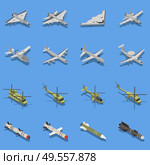 Military air forces isometric set with intercontinental ballistic missile stealth bomber fighter attack helicopter interceptor vector illustration. Стоковая иллюстрация, агентство Ingram Publishing / Фотобанк Лори