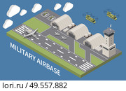 Military airbase airfield aerodrome facility with hangars traffic control tower landing aircraft flying helicopters isometric vector illustration. Стоковая иллюстрация, агентство Ingram Publishing / Фотобанк Лори