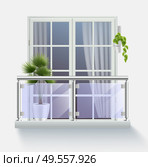 Window of modern building with access to balcony fenced with transparent glass realistic vector illustration. Стоковая иллюстрация, агентство Ingram Publishing / Фотобанк Лори