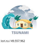 Natural disaster cartoon circle composition with rainy sky and impending storm and tsunami wave with house vector illustration. Стоковая иллюстрация, агентство Ingram Publishing / Фотобанк Лори