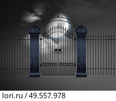 Halloween realistic night composition with old cemetery gates and moon on transparent background vector illustration. Стоковая иллюстрация, агентство Ingram Publishing / Фотобанк Лори