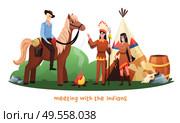 Wild west cartoon vector illustration with cowboy riding horse meeting with indians in national dress and hunting weapon. Стоковая иллюстрация, агентство Ingram Publishing / Фотобанк Лори