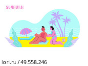 Sunburn flat composition with human characters of young couple sunbathing on beach with first aid cream vector illustration. Стоковая иллюстрация, агентство Ingram Publishing / Фотобанк Лори