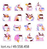 Caffeine stimulating effect flat icons set of isolated compositions with coffee cups batteries and human characters vector illustration. Стоковая иллюстрация, агентство Ingram Publishing / Фотобанк Лори