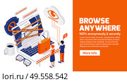 Avoiding internet censorship isometric web banner for secure anonymous browsing bypassing blocked sites and restrictions vector illustration. Стоковая иллюстрация, агентство Ingram Publishing / Фотобанк Лори