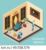 Professional janitorial service employee in uniform cleaning floor in public government building foyer isometric composition vector illustration. Стоковая иллюстрация, агентство Ingram Publishing / Фотобанк Лори