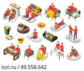 Danish hygge lifestyle isometric icons set with warm cozy home fireplace candles relax knitting coffee vector illustration. Стоковая иллюстрация, агентство Ingram Publishing / Фотобанк Лори