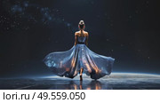 A woman is standing in a blue dress with a long flowing skirt. Стоковое AI-видео, аниматор Виктория Кольцова / Фотобанк Лори
