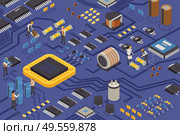 Semiconductor element production isometric composition with construction workers on circuit board moving capacitors transistors and microprocessors vector illustration. Semiconductor Element Production Composition. Стоковая иллюстрация, агентство Ingram Publishing / Фотобанк Лори