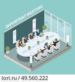 Business company office meeting room for important presentations isometric composition with oval boardroom table discussion vector illustration. Стоковая иллюстрация, агентство Ingram Publishing / Фотобанк Лори