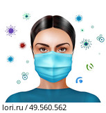 Woman in medial mask realistic and colored composition and abstract virus attack vector illustration. Стоковая иллюстрация, агентство Ingram Publishing / Фотобанк Лори