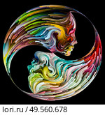 Emotional Palette series. Yin Yang swirling palette. Abstract painting of female and male silhouettes in  vibrant colors on subject of unity in suchness of male and female nature. Стоковое фото, агентство Ingram Publishing / Фотобанк Лори