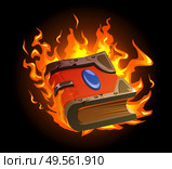 Burning magic book cartoon concept with ancient manuscript symbols vector illustration. Стоковая иллюстрация, агентство Ingram Publishing / Фотобанк Лори