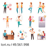 Healthy lifestyle habits cartoon icons set with avoiding junk food alcohol maintaining weight posture sleep vector illustration. Стоковая иллюстрация, агентство Ingram Publishing / Фотобанк Лори