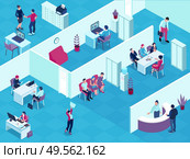 Recruitment agency interior isometric view with reception desk selected applicants waiting for interview employment contract vector illustration. Стоковая иллюстрация, агентство Ingram Publishing / Фотобанк Лори