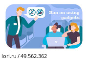 Passengers in airplane flat poster with steward giving ban on using gadgets with internet vector illustration. Стоковая иллюстрация, агентство Ingram Publishing / Фотобанк Лори