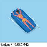 Woman suntanning on mattress isolated female character in yellow swimsuit. Vector girl and inflatable means helping to swim in blue sea or oceans waters. Woman Suntanning Mattress Isolated Female Vector. Стоковая иллюстрация, агентство Ingram Publishing / Фотобанк Лори