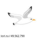 Flying seagull, little bird with black and white plumage. Single animal on white, cartoon of atlantic seabird, stylized nautical gull emblem vector. Seabird or Gull, Stylized Nautical Emblem Vector. Стоковая иллюстрация, агентство Ingram Publishing / Фотобанк Лори