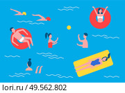 Swimming pool and people set in water playing polo games with ball. Swimmers and chilling person on lifeline lifebuoy posters set with text vector. Swimming Pool and People Set Vector Illustration. Стоковая иллюстрация, агентство Ingram Publishing / Фотобанк Лори