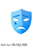 Depressed face on mask vector, theater isolated icon drama performance, unhappy disguise with tear drop, pantomime and classical tragedy play weeping. Sad Mask, Unhappy Disguise, Theater Blue Icon. Стоковая иллюстрация, агентство Ingram Publishing / Фотобанк Лори