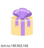 Holiday present with ribbon and bow, gift box vector. Festive surprise, wrapped cardboard container decor, birthday and Christmas or Valentines day. Gift Box or Holiday Present with Ribbon and Bow. Стоковая иллюстрация, агентство Ingram Publishing / Фотобанк Лори