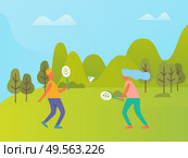 Man and woman playing badminton outdoor, competition between people in sportwear, full length view. Mountain landscape and trees, green nature vector. People Playing Badminton Outdoor, Nature Vector. Стоковая иллюстрация, агентство Ingram Publishing / Фотобанк Лори