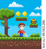 Smiling knight character holding steel, step with coins and box, tree and bush, adventure pixel game, male with galive outdoor, person on ground vector. Pixel Game, Knight Holding Steel, Adventure Vector. Стоковая иллюстрация, агентство Ingram Publishing / Фотобанк Лори