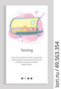 Tanning spa procedure, female lying in solarium, woman character wearing swimsuit sunbathing in sunroom, glamour skincare, salon equipment vector. Website slider app template, landing page flat style. Woman Sunbathing in Solarium, Spa Skincare Vector. Стоковая иллюстрация, агентство Ingram Publishing / Фотобанк Лори