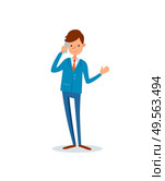 Man busy talking on mobile phone with clients vector. Businessman discussing details of project with partners, leader using cell to talk with people. Man Busy Talking on Mobile Phone with Clients. Стоковая иллюстрация, агентство Ingram Publishing / Фотобанк Лори