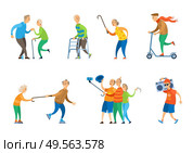 Man and woman pensioners vector, old people dancing at disco lady chasing man with wooden stick, person riding scooter, aged character taking selfie, funny grandmother and grandfather. People Dancing, Senior People Relaxing Music Box. Стоковая иллюстрация, агентство Ingram Publishing / Фотобанк Лори