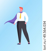 Man superhero isolated cartoon character. Vector businessman, powerful leader ready to solve tasks, confident male in tie and purple cloak, leadership. Man Superhero Isolated Cartoon Character. Vector. Стоковая иллюстрация, агентство Ingram Publishing / Фотобанк Лори